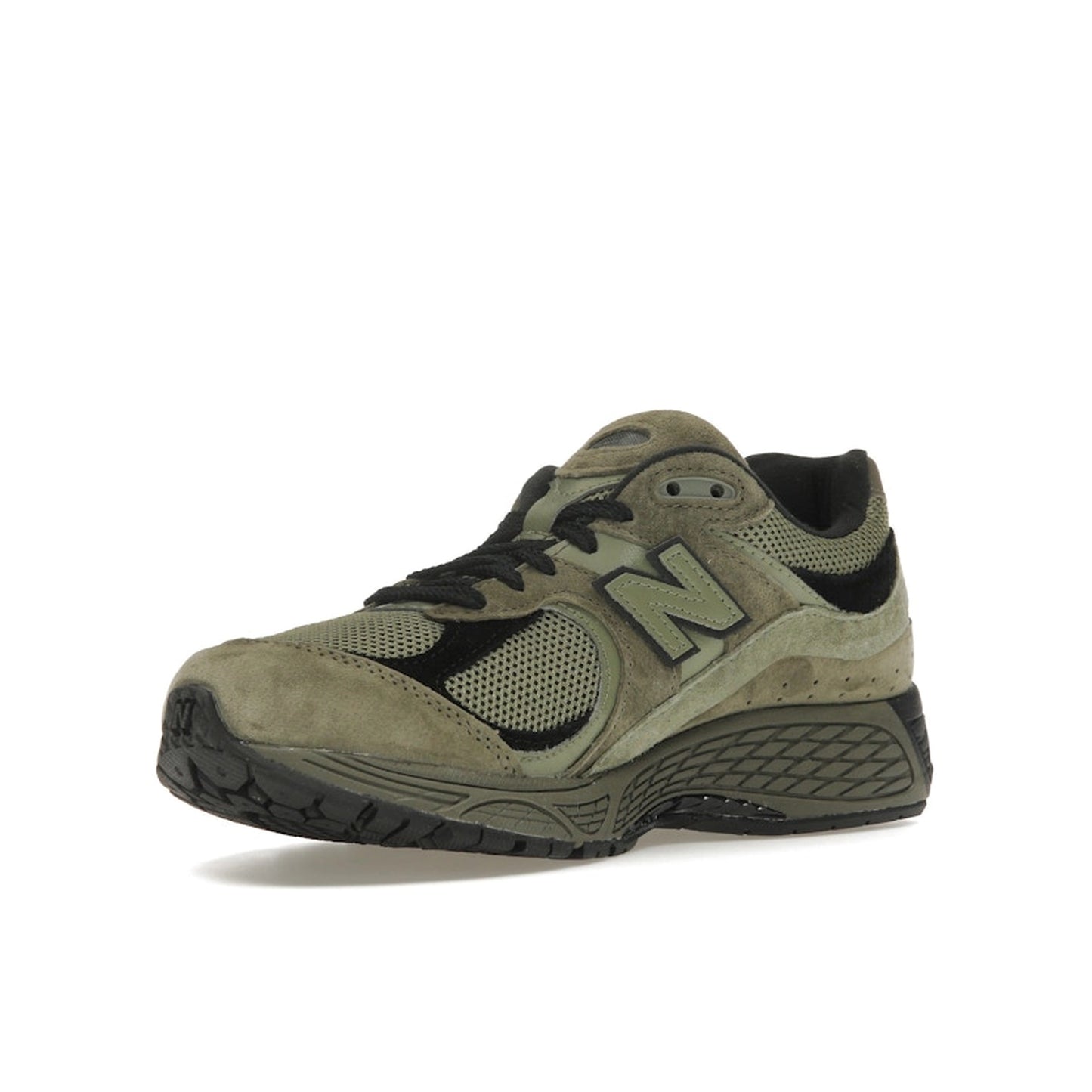New Balance 2002R sneakers, front view, in dark camo with tonal olive suede and mesh.