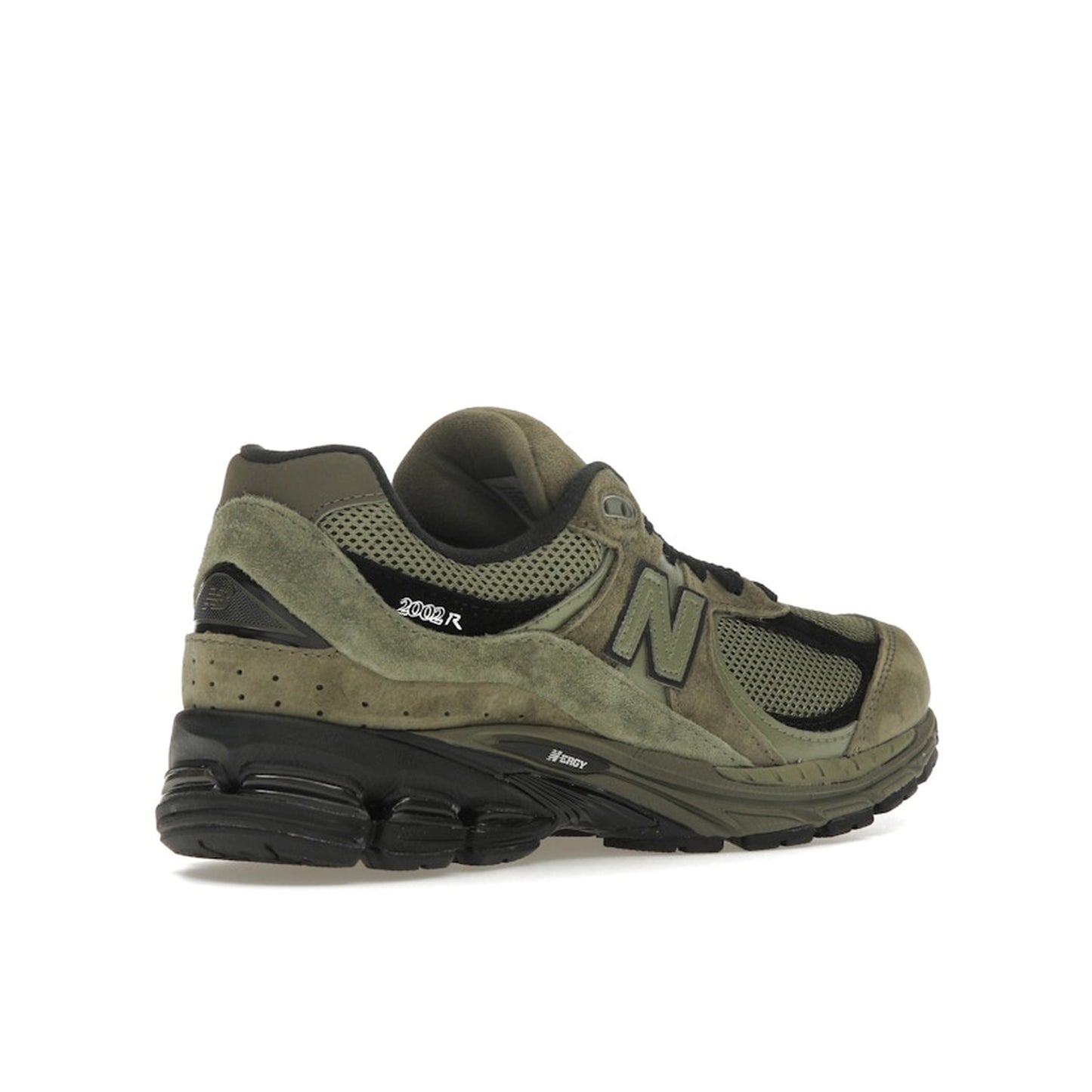 New Balance 2002R sneakers, back view, in dark camo with tonal olive suede and mesh.