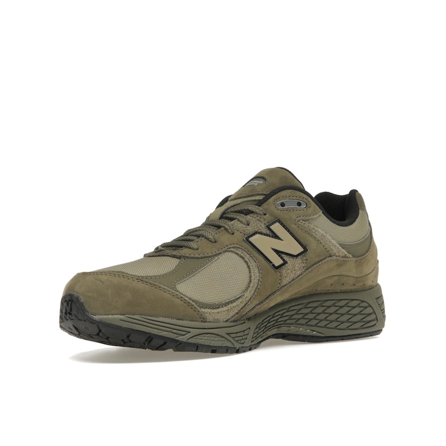 New Balance 2002R, front view, in olive with Cordura fabric and tonal overlays.