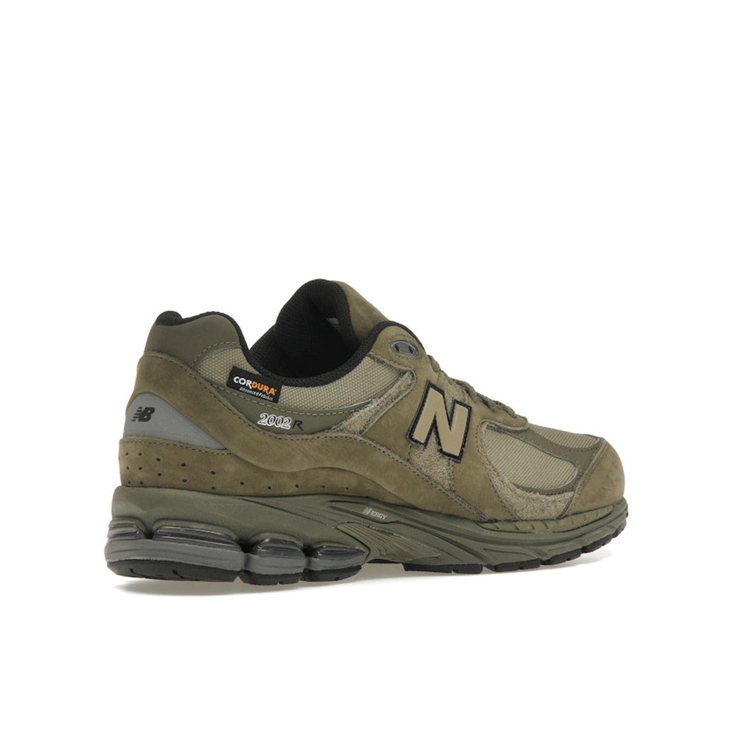 New Balance 2002R, back view, in olive with Cordura fabric and tonal overlays.