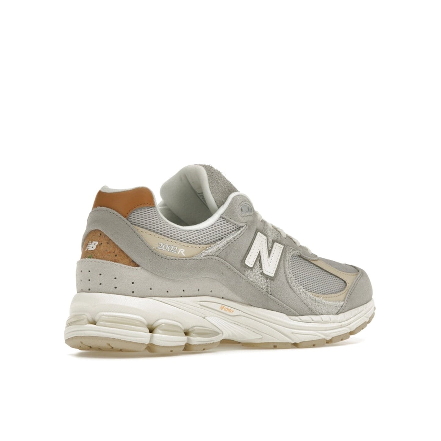 New Balance 2002R Concrete Grey sneakers, back view, in grey with tonal overlays.