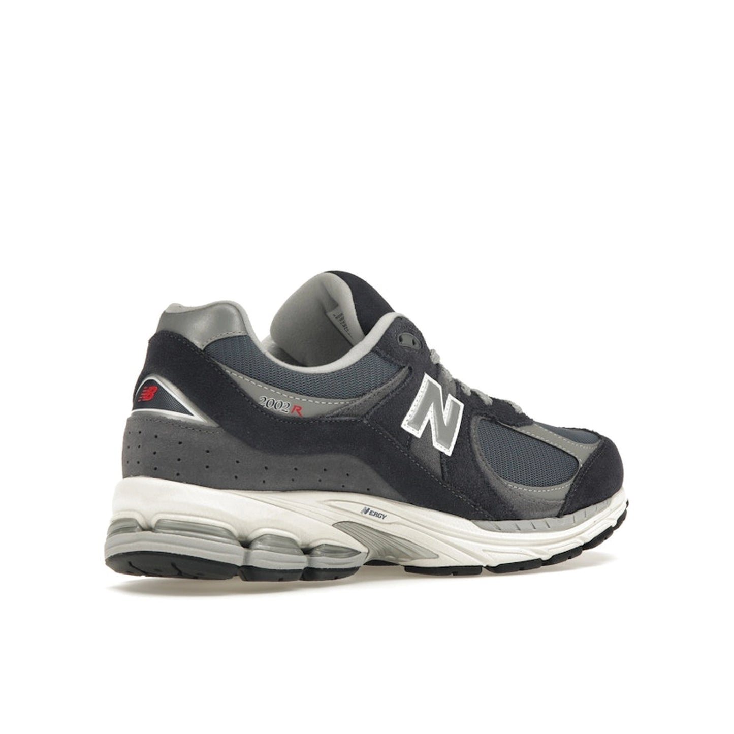 New Balance 2002R, back view, in eclipse and raincloud with suede and mesh upper.