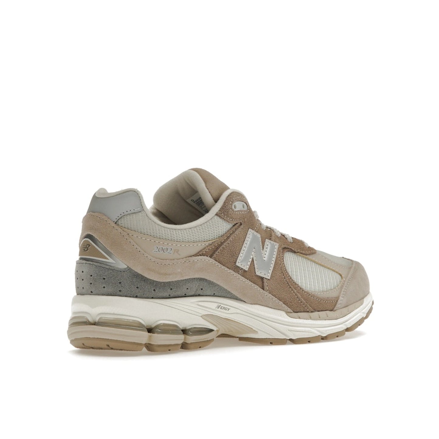 New Balance 2002R Driftwood Sandstone sneakers, back view, in beige and tan tones.