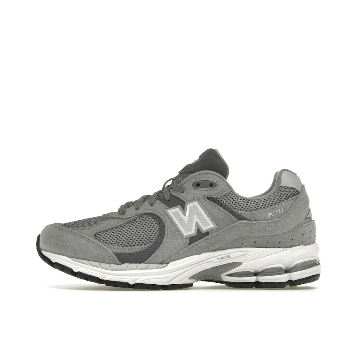New Balance 2002R Steel Grey Orca, side view, in layered mesh and suede in grey and black.