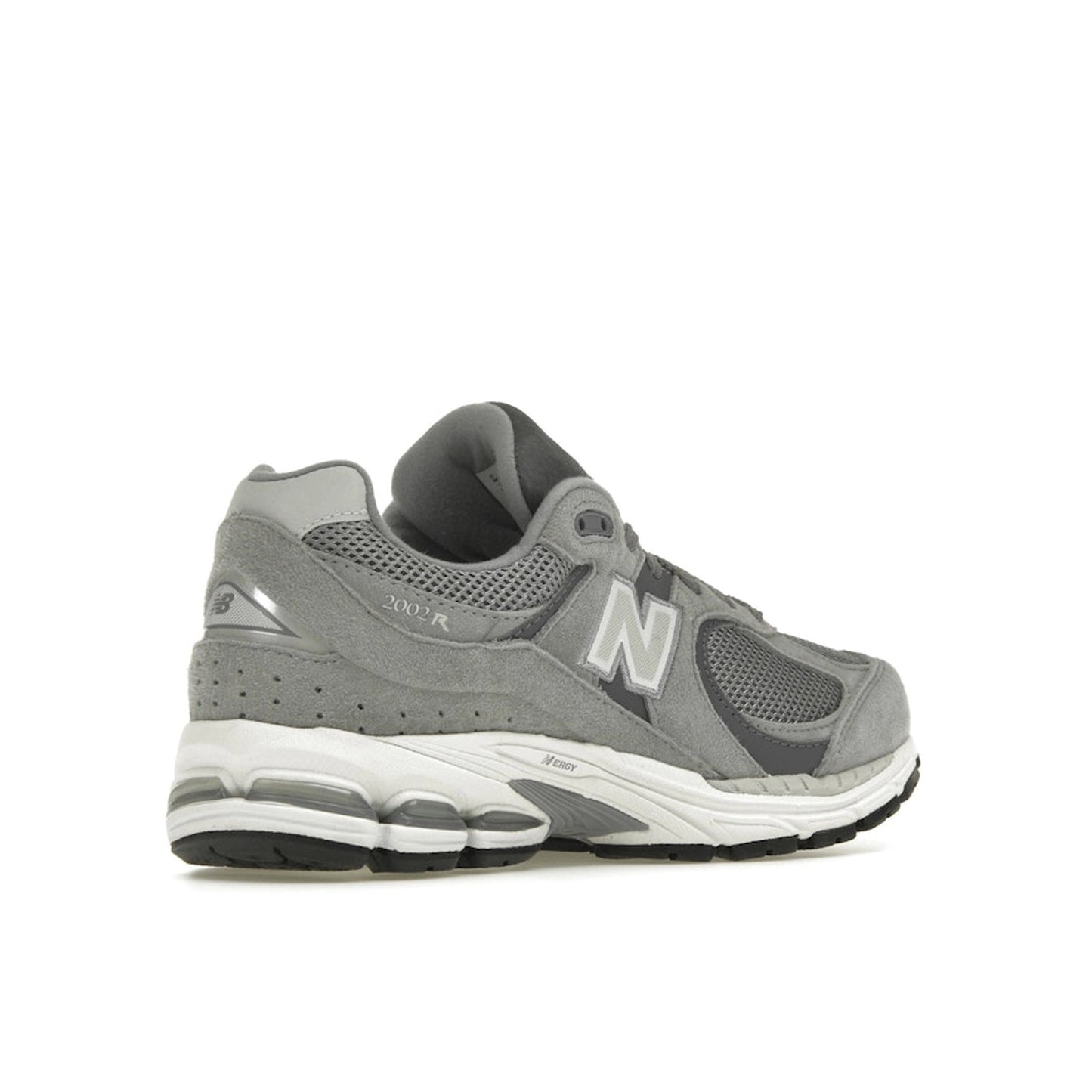 New Balance 2002R Steel Grey Orca, back view, in layered mesh and suede in grey and black.