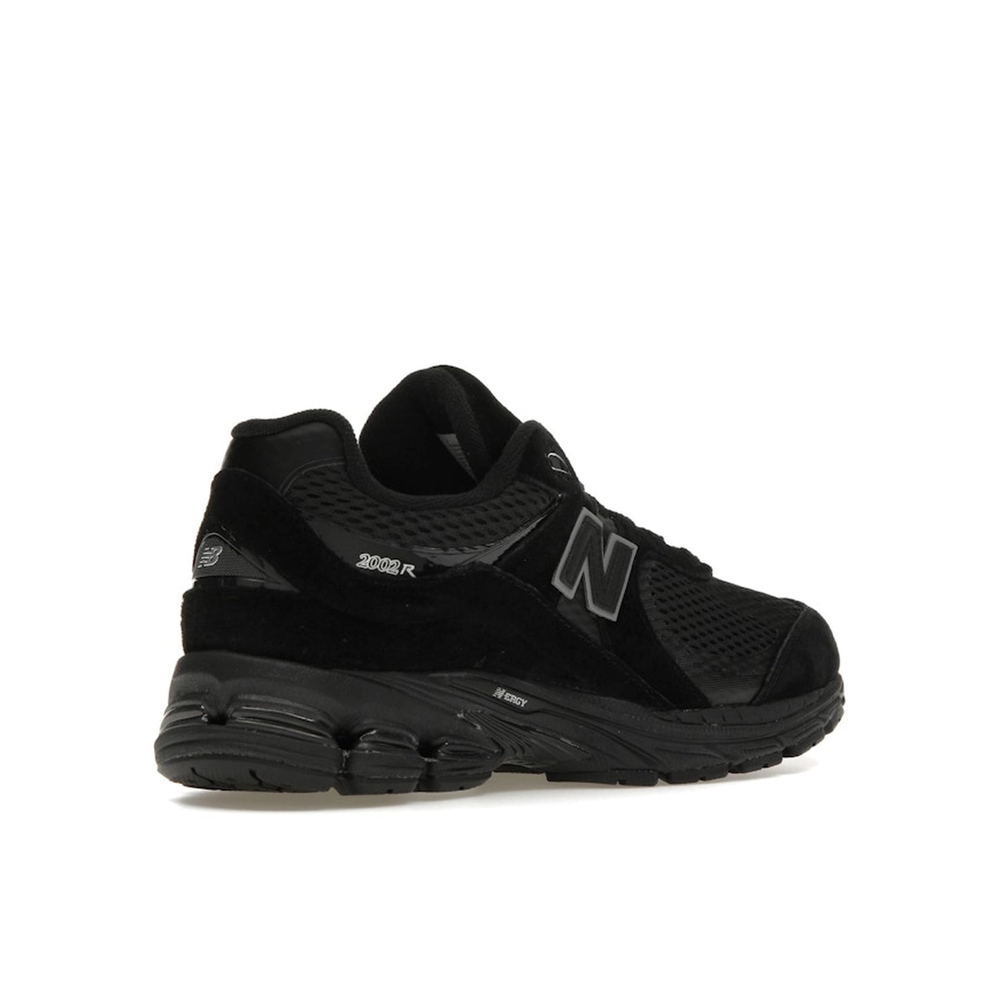New Balance 2002R Mesh Black Metallic, back view, featuring breathable mesh and metallic overlays.