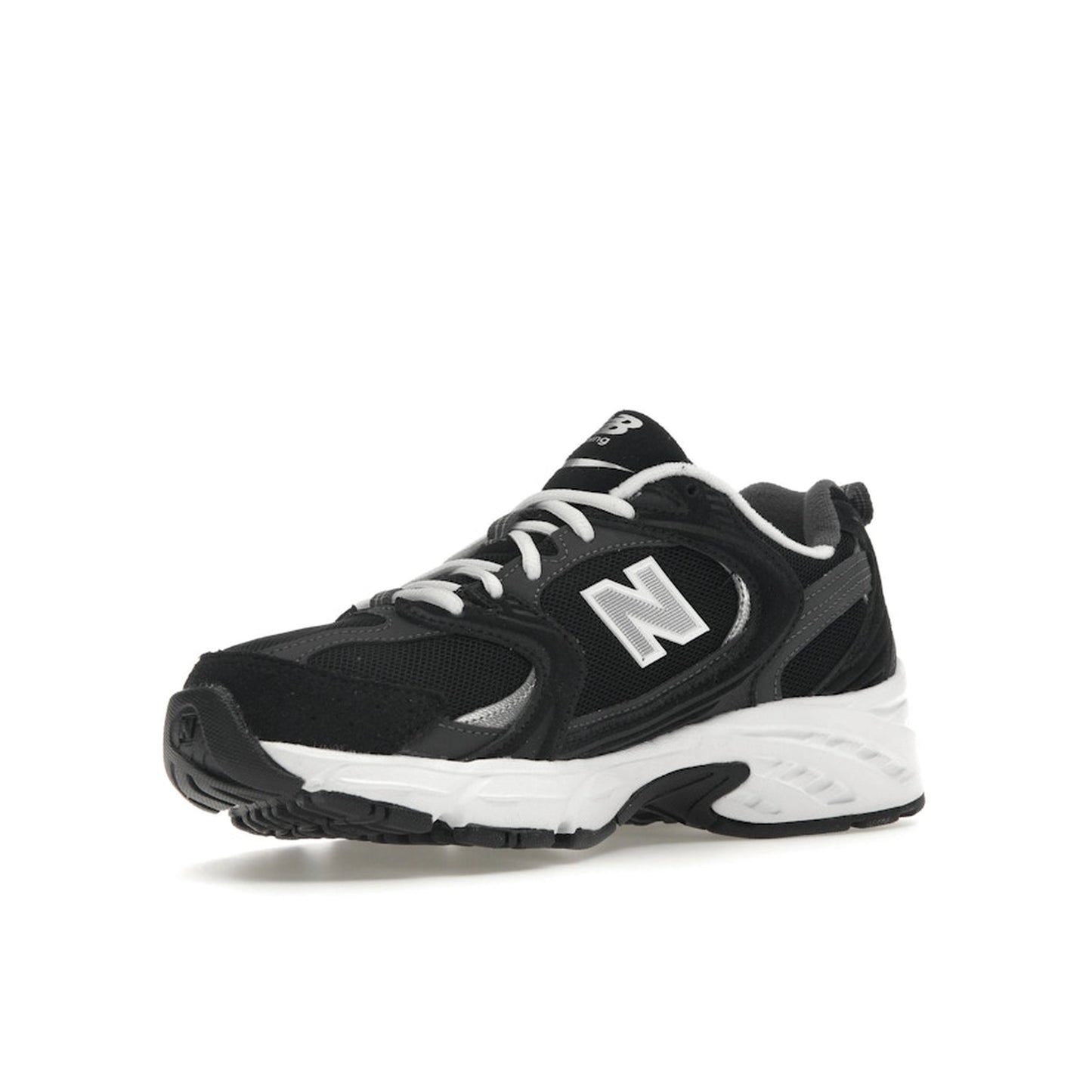New Balance 530 Classic, front view, in black with silver and grey details.