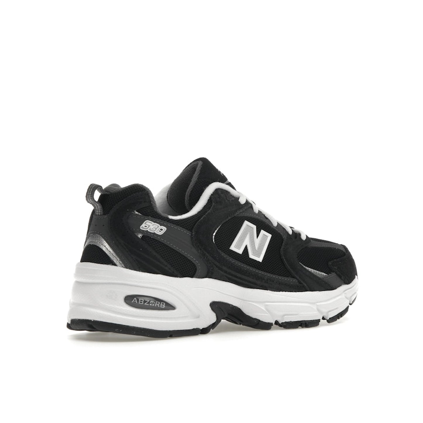 New Balance 530 Classic, back view, in black with silver and grey details.
