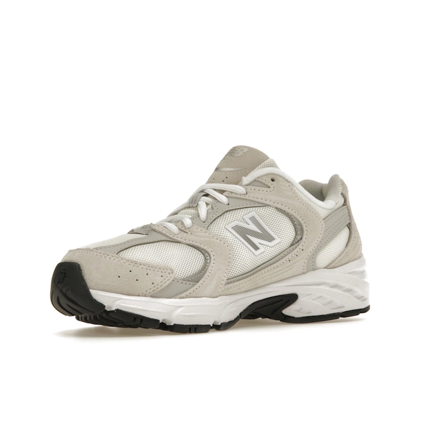 New Balance 530 Sea Salt, front view, in clean white mesh with off-white leather overlays.