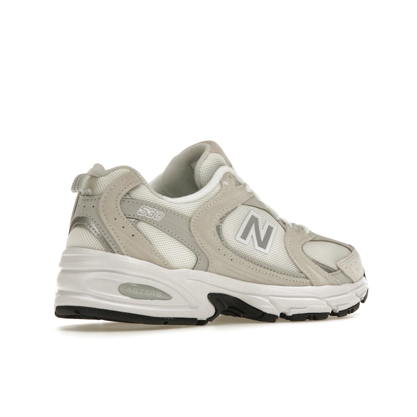 New Balance 530 Sea Salt, back view, in clean white mesh with off-white leather overlays.