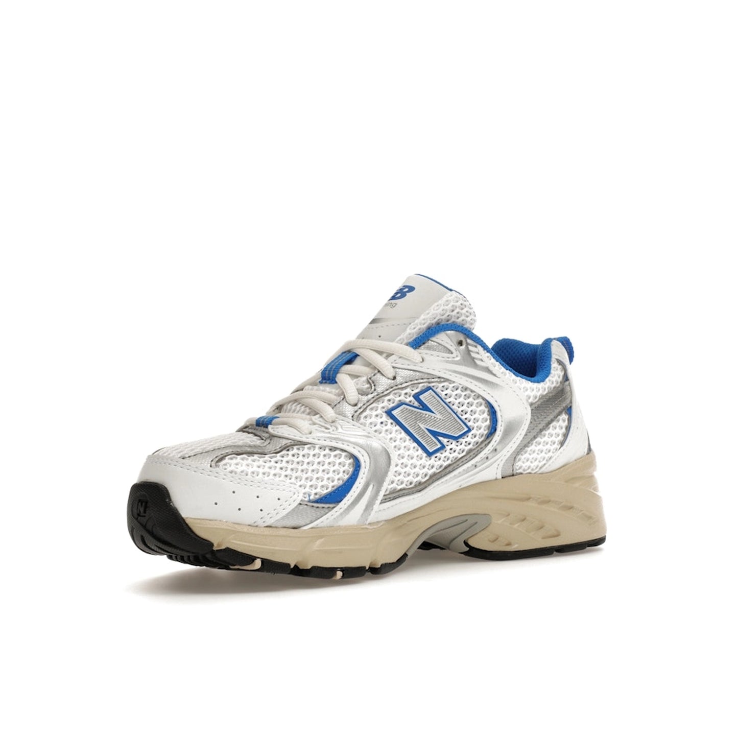 New Balance 530 White Blue Oasis, front view, in white mesh with blue and silver details.
