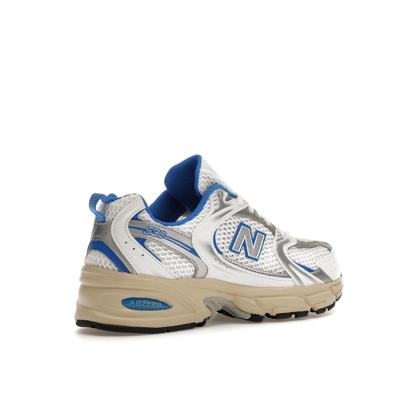 New Balance 530 White Blue Oasis, back view, in white mesh with blue and silver details.