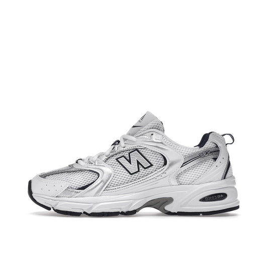 New Balance 530 MR530SG, side view, in white mesh with silver overlays and navy accents.