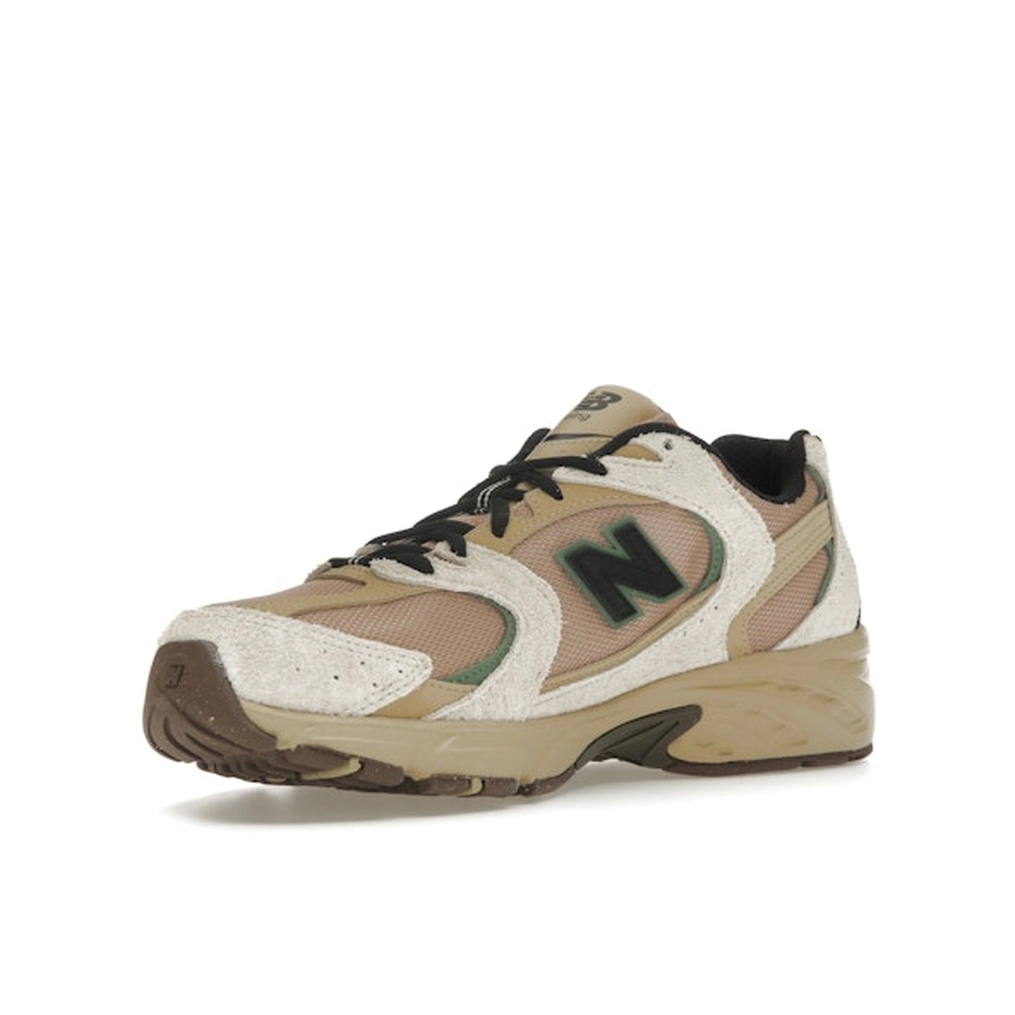 New Balance 530, front view, in linen and incense tones with mesh and suede overlays.
