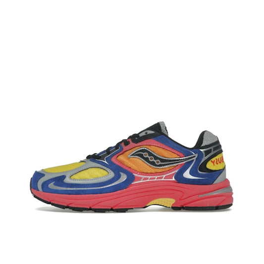 Saucony Jazz 9 Jae Tips sneakers, side view, in bright colorway inspired by the “Busy” concept.
