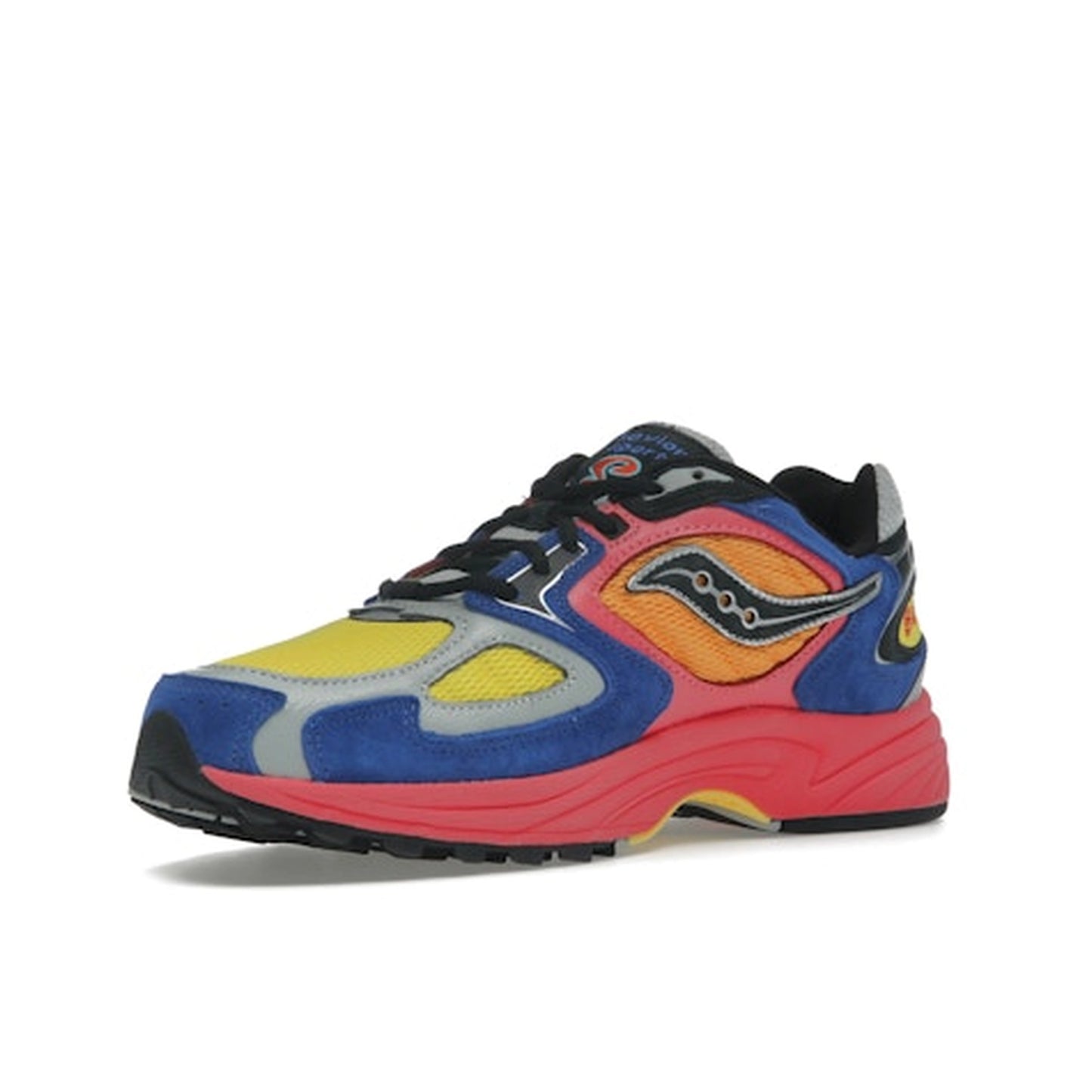 Saucony Jazz 9 Jae Tips sneakers, front view, in bright colorway inspired by the “Busy” concept.