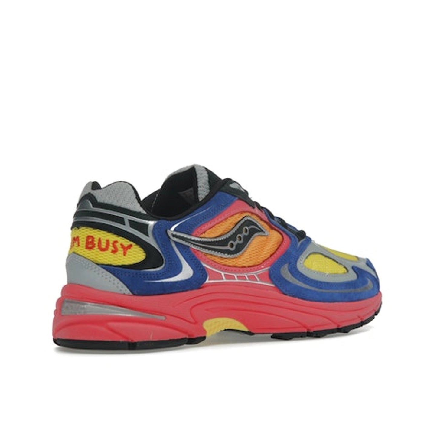 Saucony Jazz 9 Jae Tips sneakers, back view, in bright colorway inspired by the “Busy” concept.