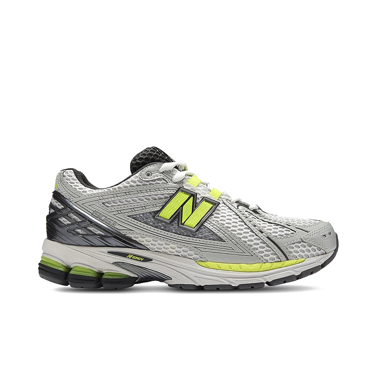 New Balance 1906R sneakers in light silver metallic with alkaline green mesh
