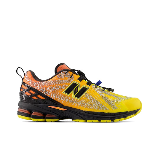 New Balance 1906F sneakers in Punch Yellow, Tangerine Heat and black mesh