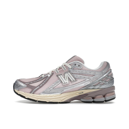New Balance 1906R Rose Sugar Silver, side view, pink mesh upper with silver metallic overlays.