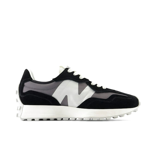 New Balance 327 men’s sneaker in black, pink and grey mesh and suede