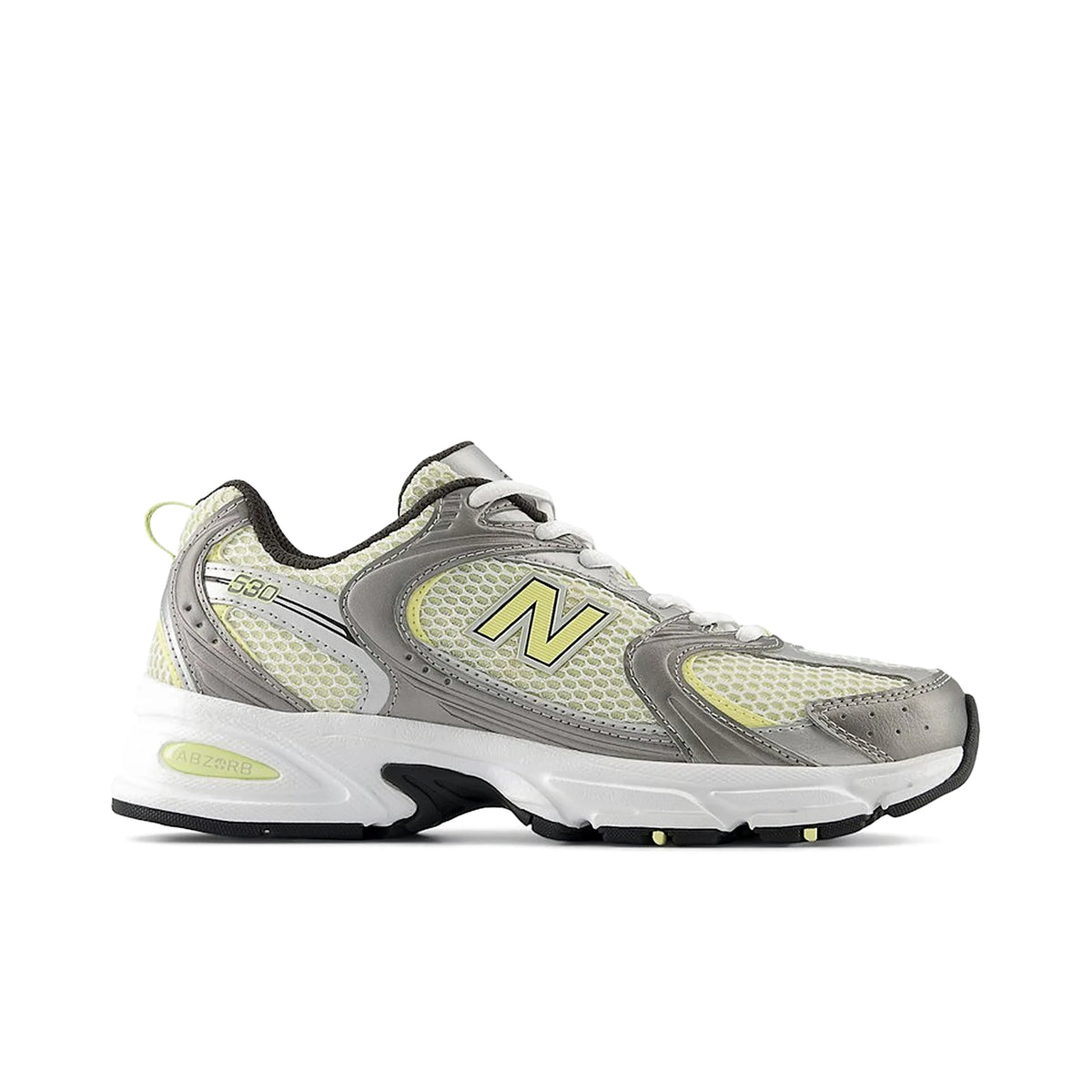 New Balance 530 sneakers in silver metallic and parchment tones, suede overlay