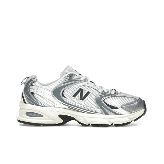 New Balance 530 in silver metallic grey and black, textile construction
