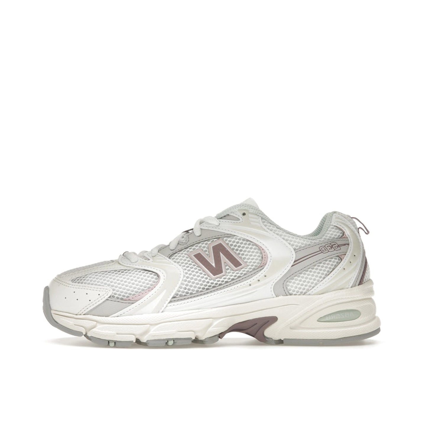 New Balance 530 Grey Sea Salt Ice Wine, side view, in soft grey with pink and beige details.