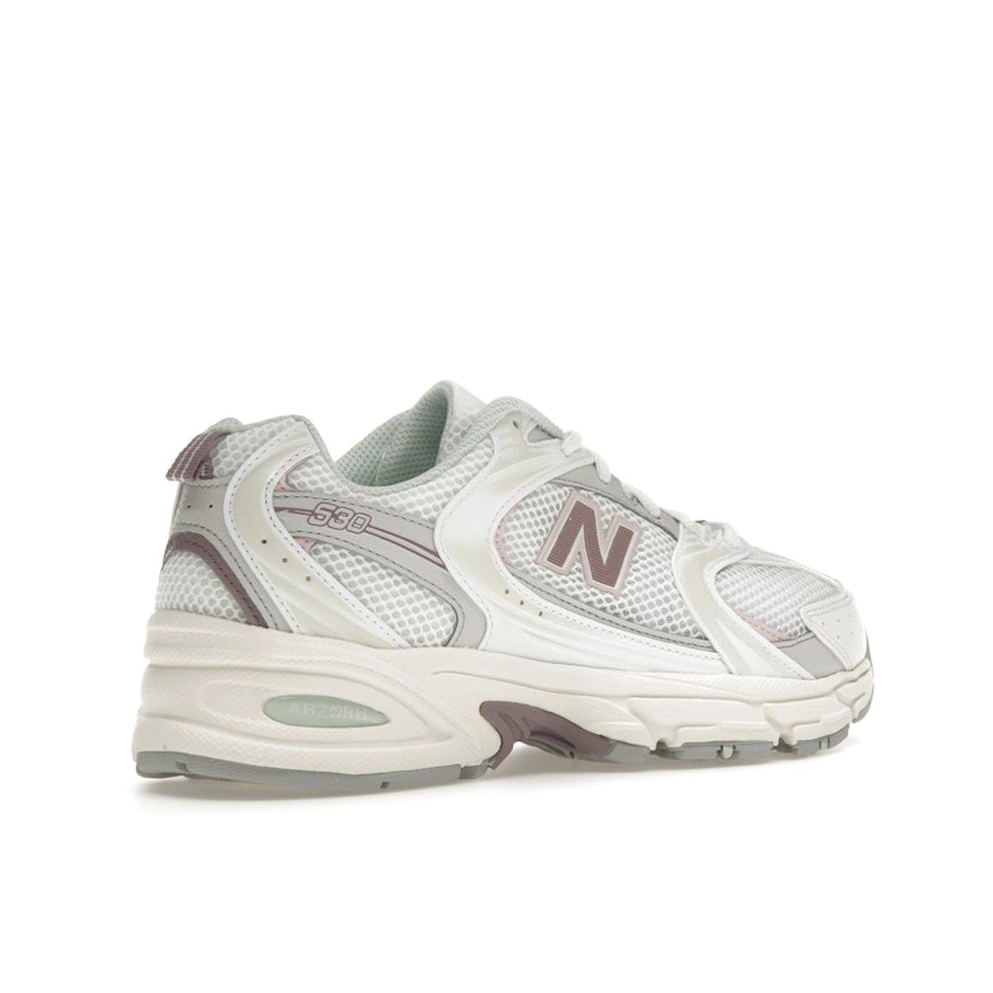 New Balance 530 Grey Sea Salt Ice Wine, back view, in soft grey with pink and beige details.