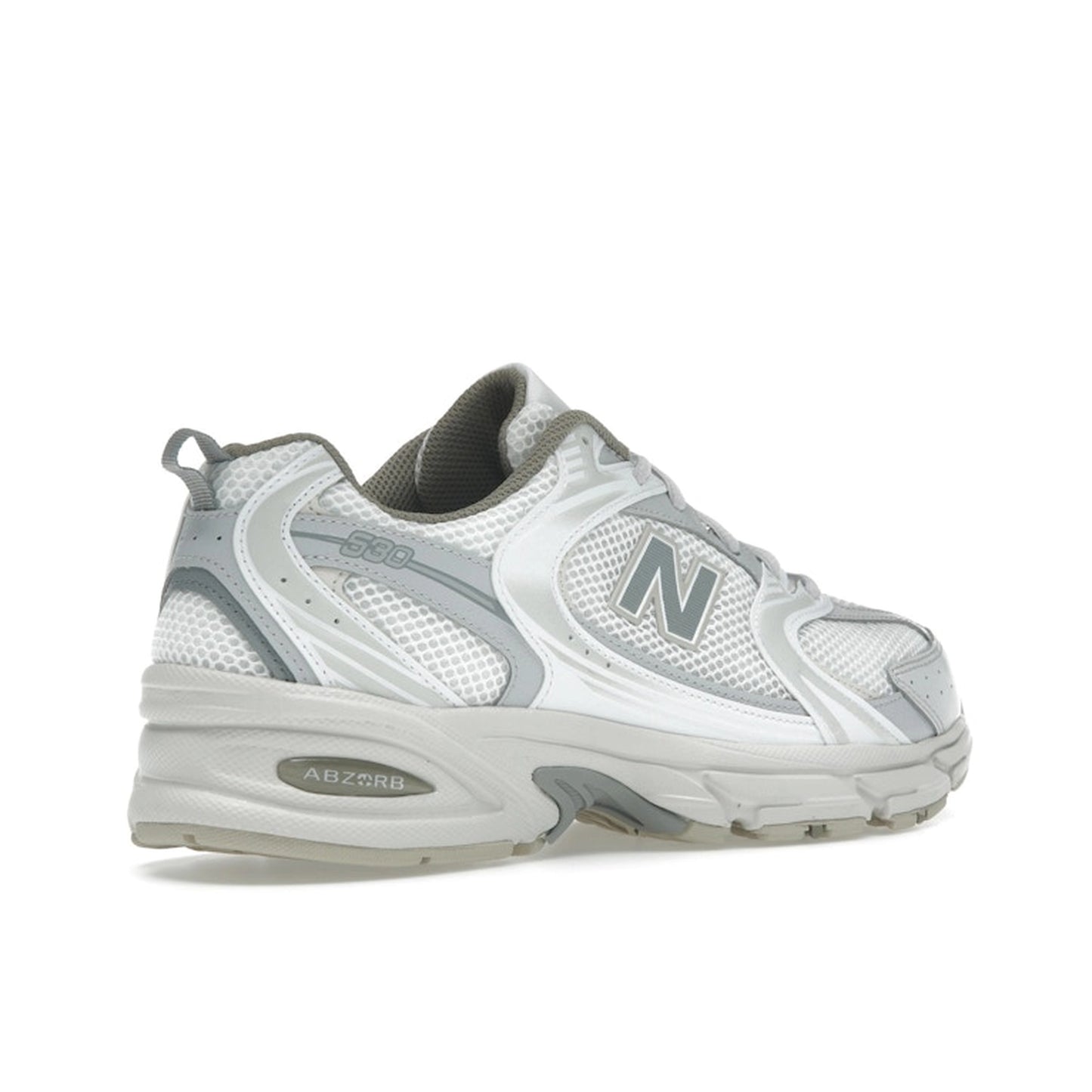 New Balance 530 sneakers, back view, in grey matter with moonbeam accents.