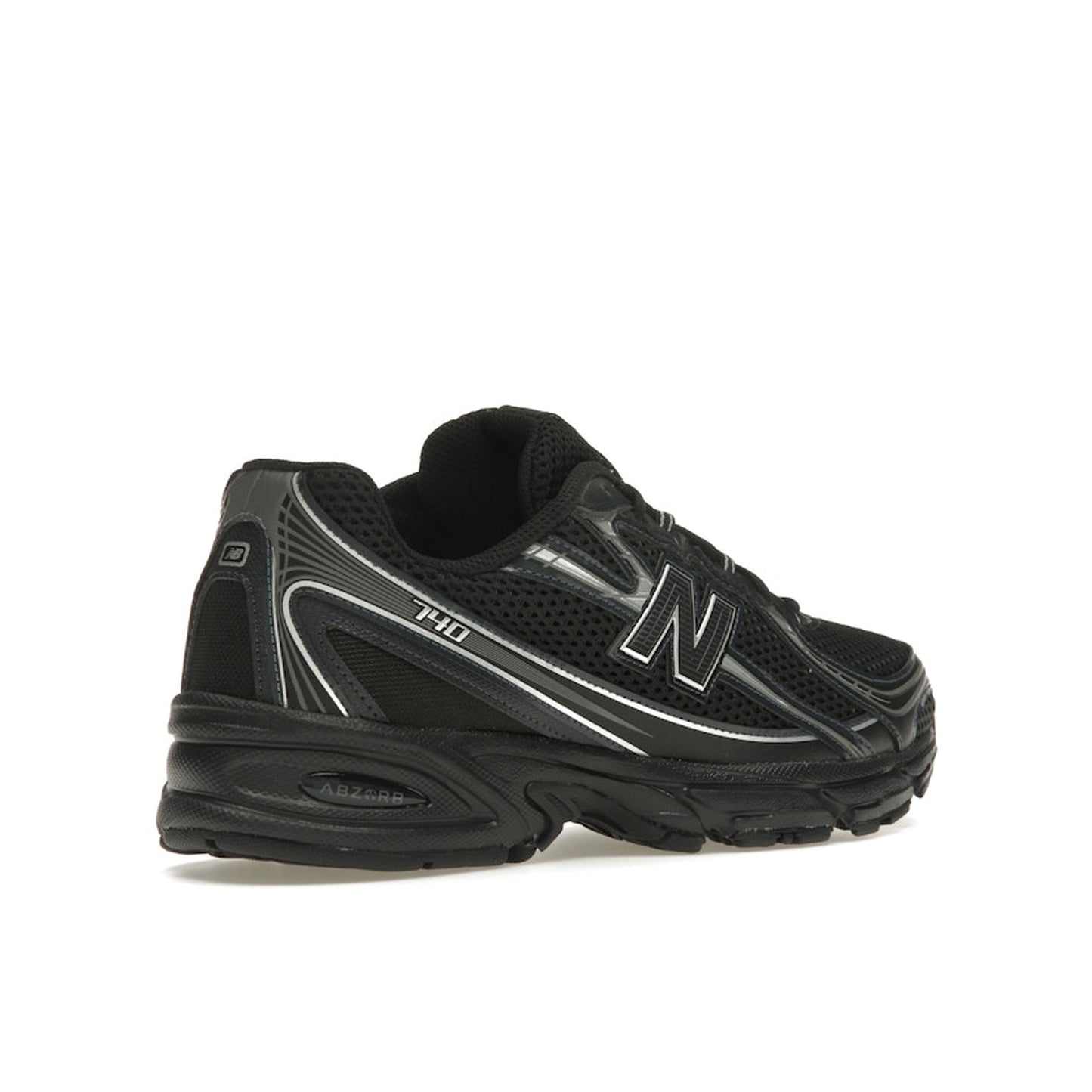 New Balance 740v2, back view, in black with grey details and reflective silver highlights.