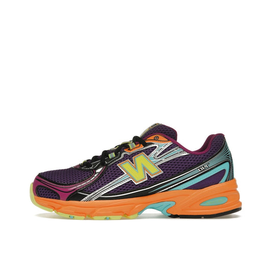 New Balance 740v2 Concord Grape Sun Glow, side view, in rich purple with vibrant orange details.