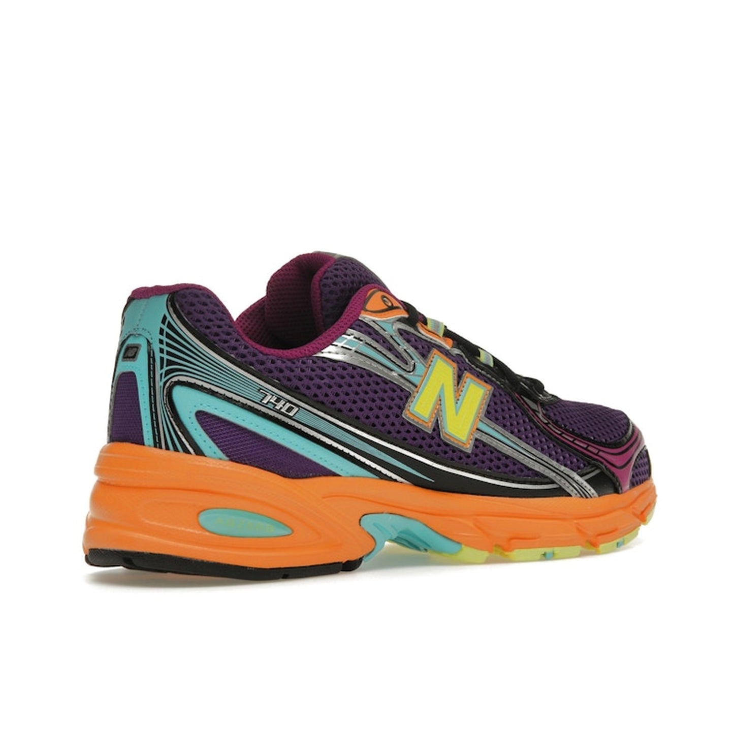 New Balance 740v2 Concord Grape Sun Glow, back view, in rich purple with vibrant orange details.