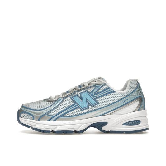 New Balance 740v2, side view, in Blue Agate and White with retro running design.