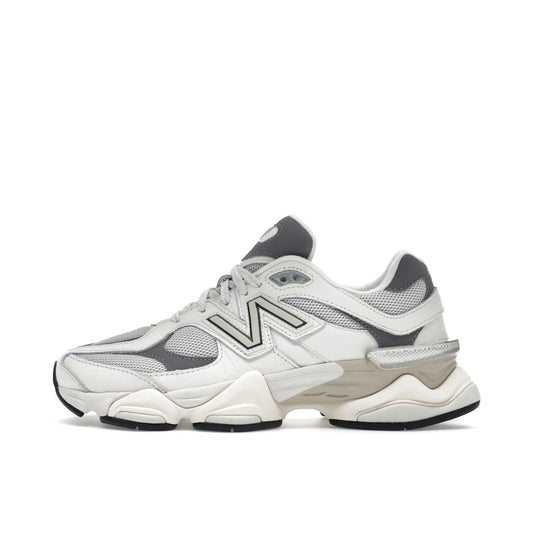 New Balance 9060 Sea Salt Castlerock, side view, tonal white and grey palette.