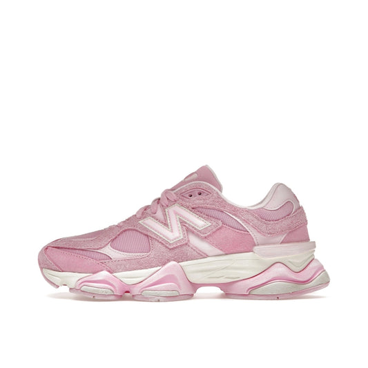 New Balance 9060 ASOS Exclusive, side view, in overdye pink with mesh and suede upper.