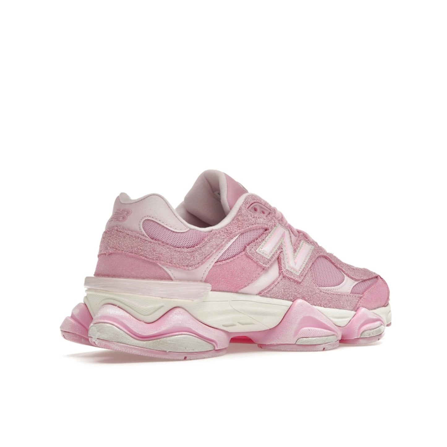New Balance 9060 ASOS Exclusive, back view, in overdye pink with mesh and suede upper.