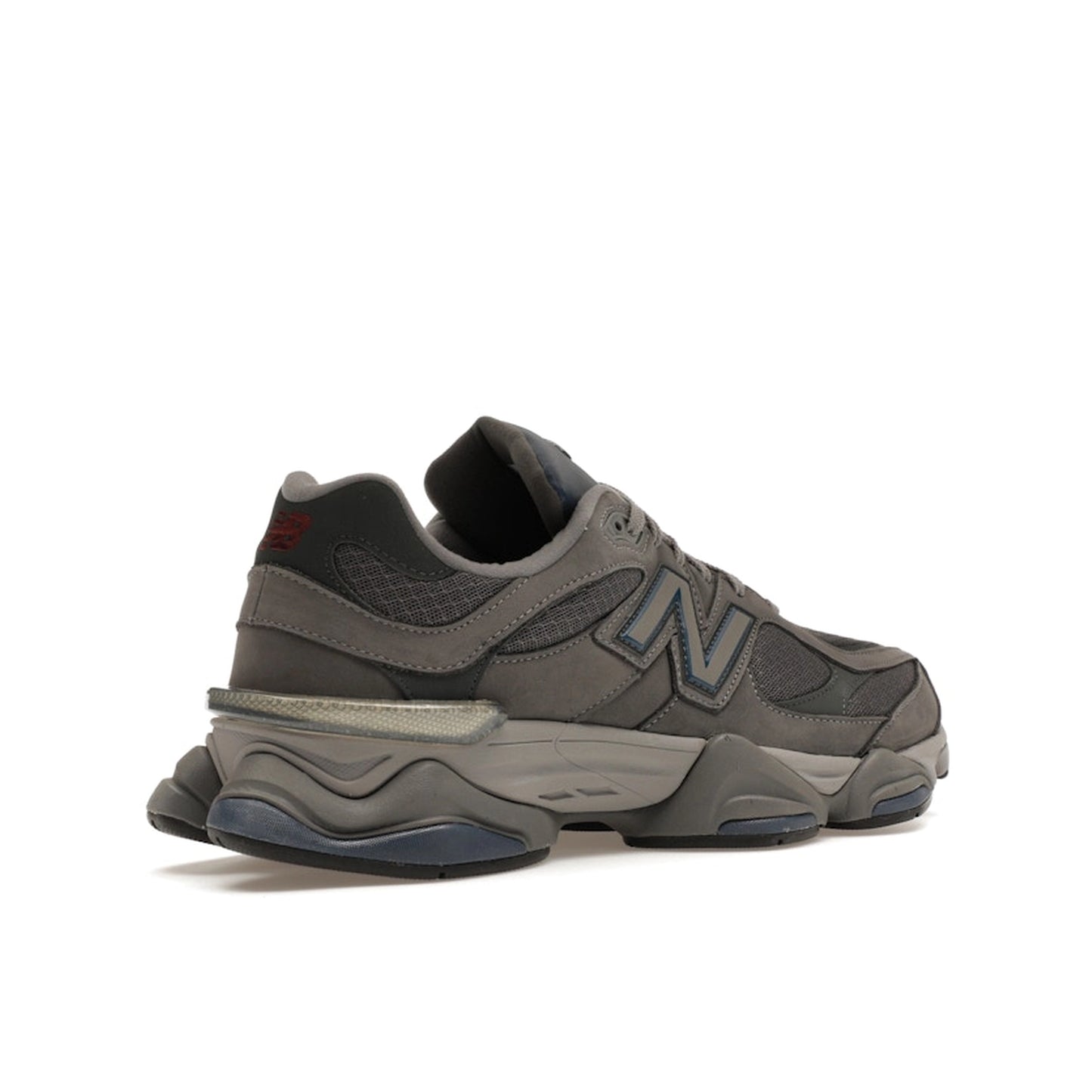 New Balance 9060 sneakers, back view, model U9060ECC in castlerock with grey and white details.