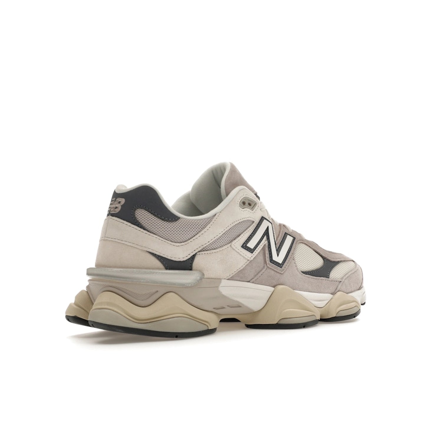 New Balance 9060 sneakers, back view, in moonrock grey with linen beige accents.