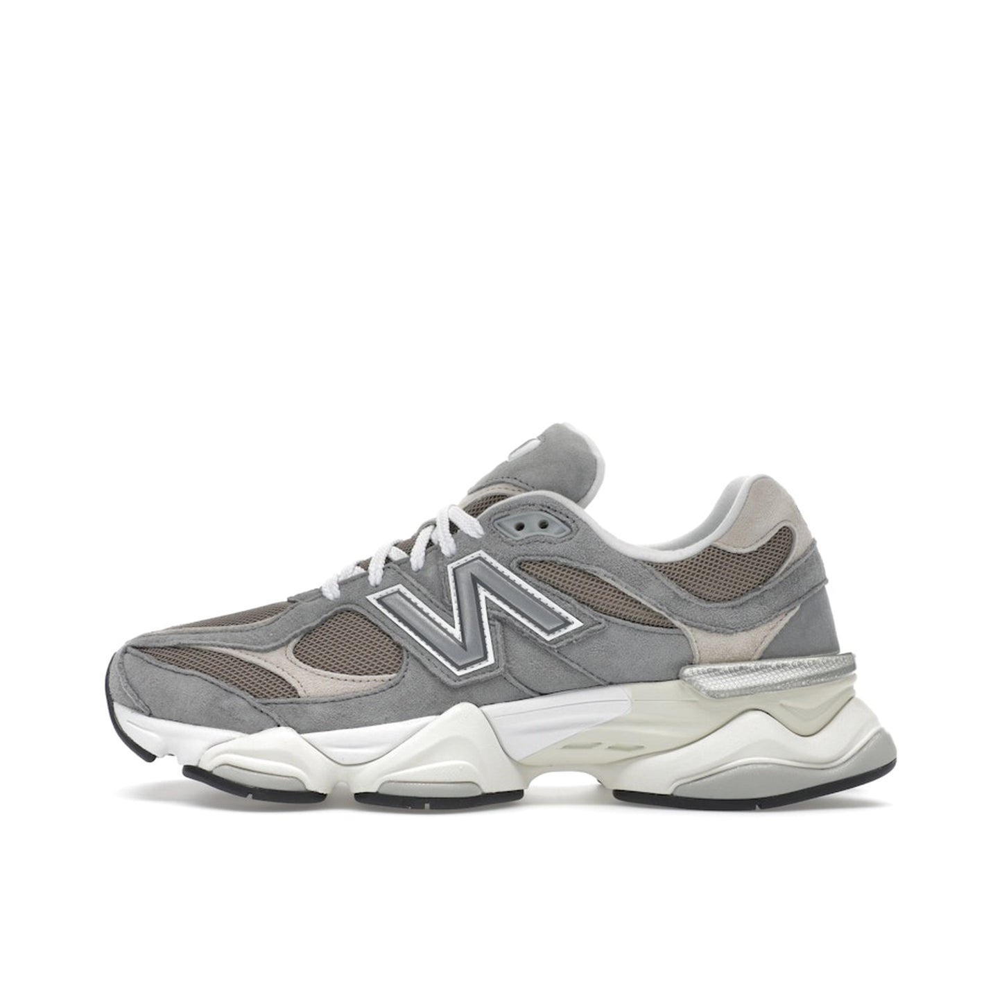 New Balance 9060 Slate Grey Arid Stone, side view, with grey upper and neutral details.