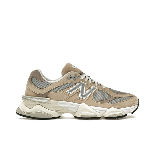 New Balance 9060 sneakers with raincloud grey and arid stone tones, breathable mesh upper