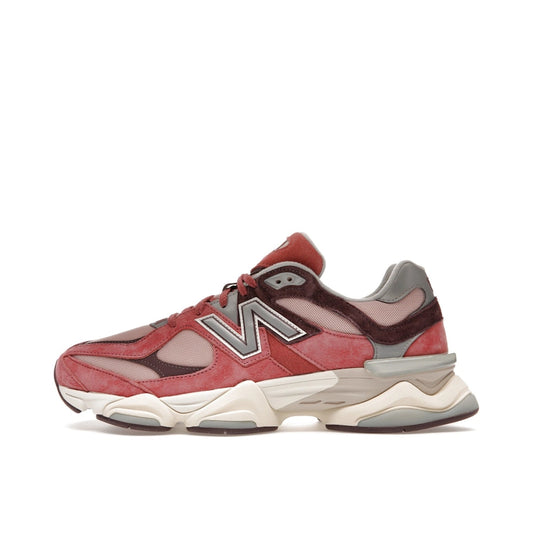 New Balance 9060 sneakers, side view, model U9060TRU in cherry blossom with beige and white details.