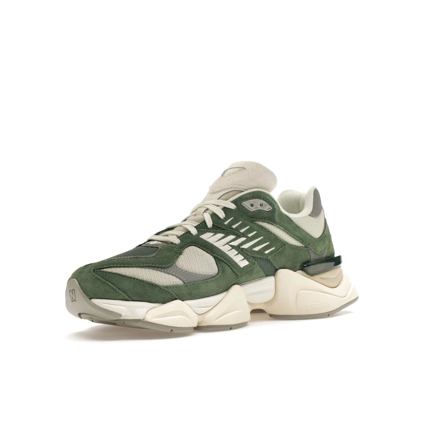 New Balance 9060 Nori, front view, in olive green with a mix of suede and mesh materials.