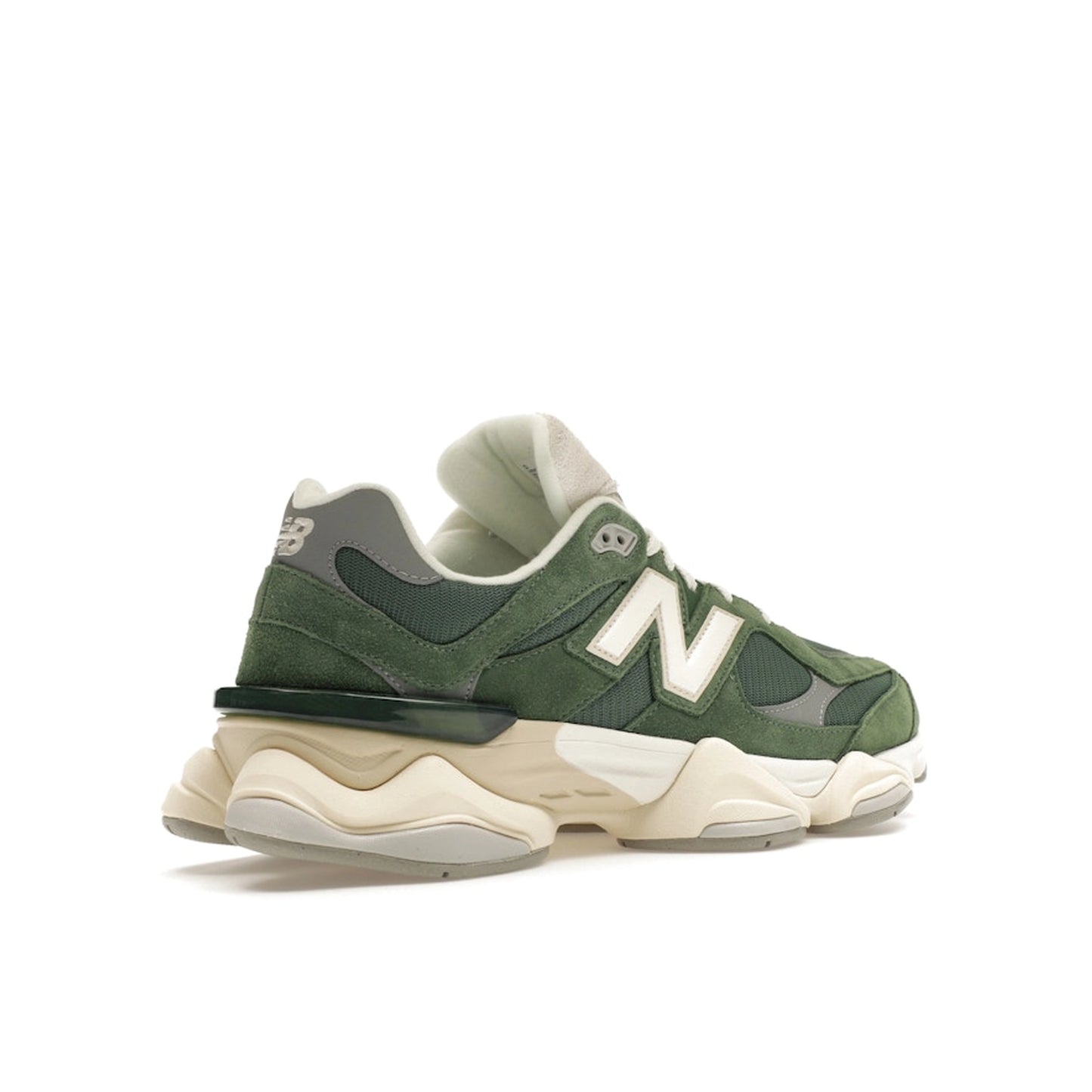 New Balance 9060 Nori, back view, in olive green with a mix of suede and mesh materials.