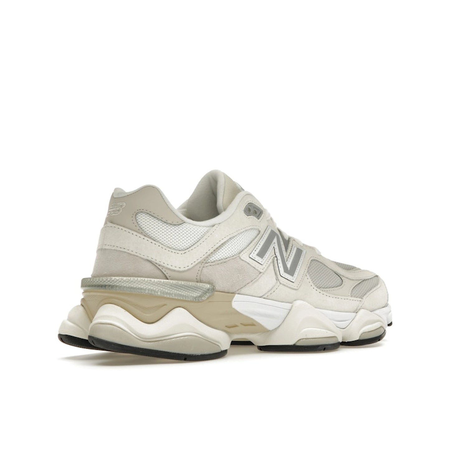 New Balance 9060 Sea Salt Moonbeam, back view, in off-white mesh and suede layers.