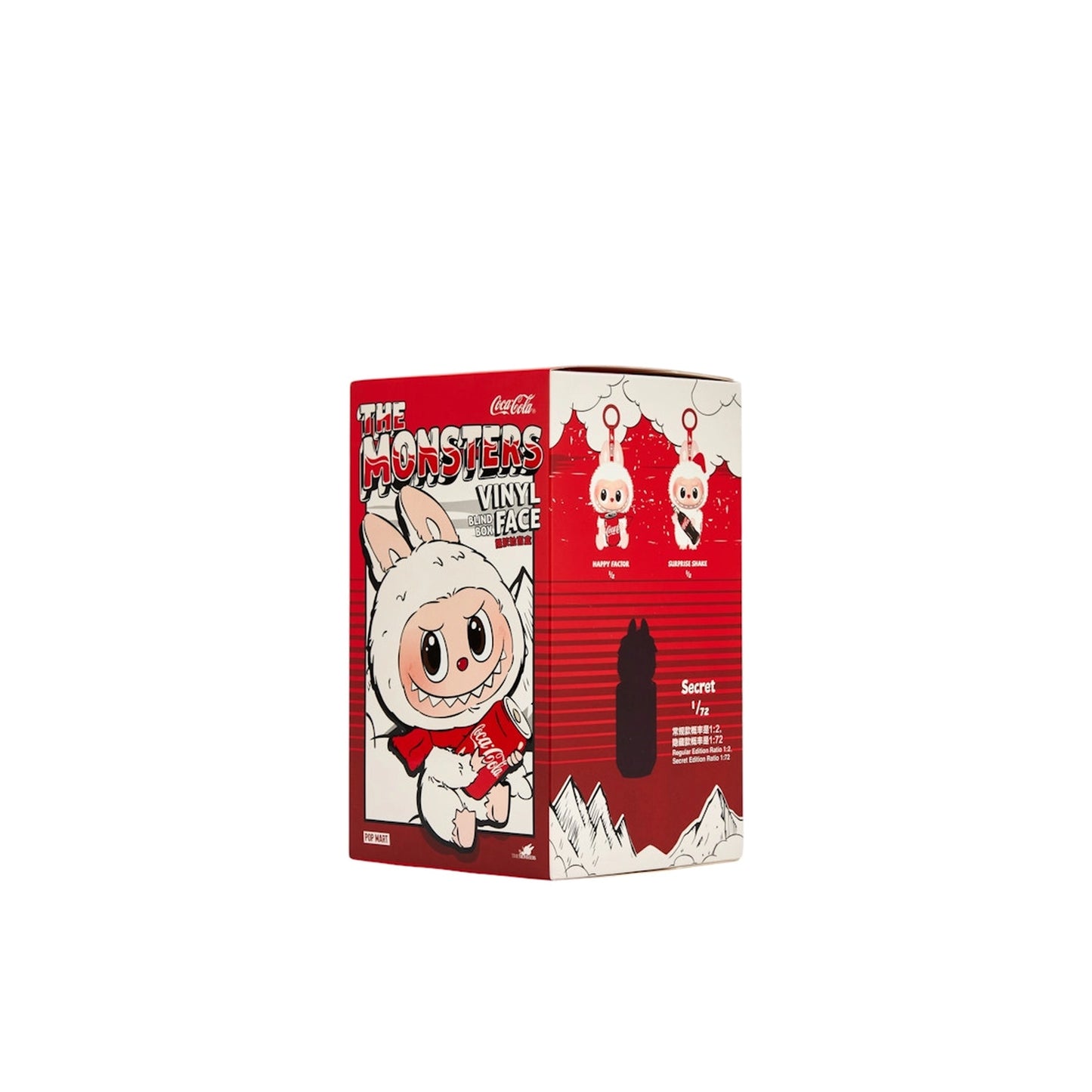 Pop Mart Coca Cola × Labubu, FRONT view, surprise vinyl figure in Coca Cola-themed packaging.