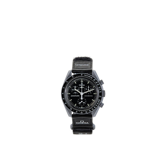 Swatch x Omega Moonswatch Mission to the Moon, front view, in grey bioceramic with black bezel.