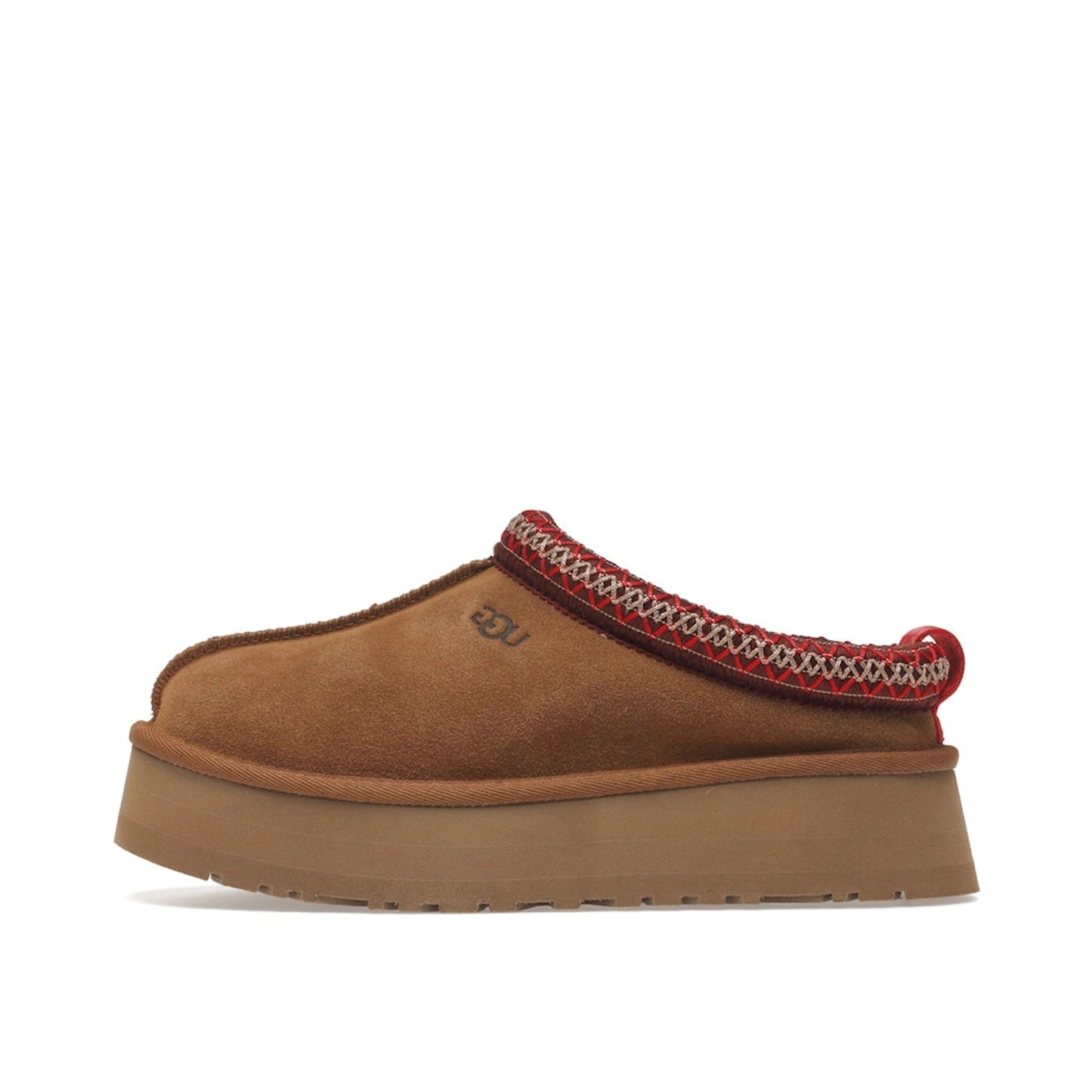 UGG Tazz Slipper Chestnut, side view, women's model 1122553-CHE in chestnut suede with signature thick wool lining and platform sole.