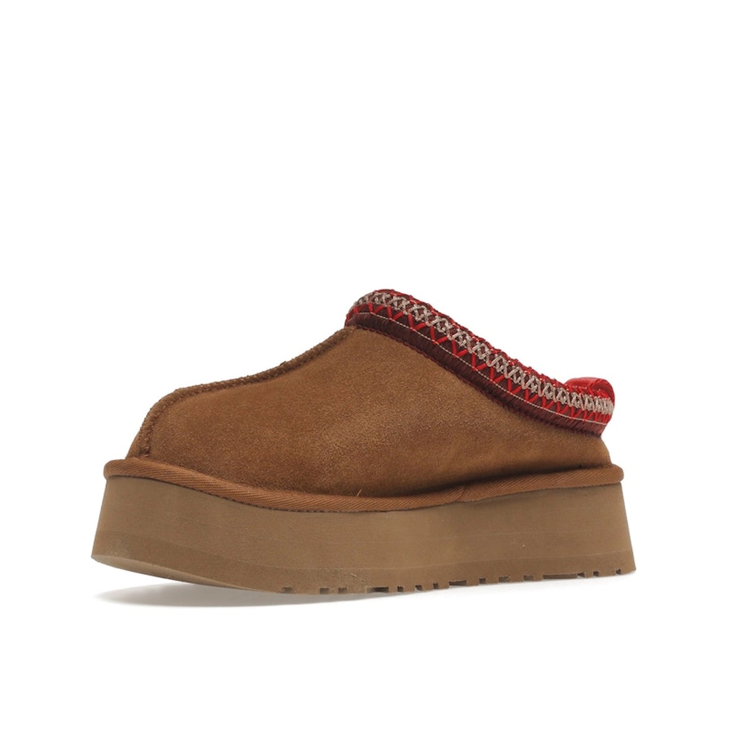 UGG Tazz Slipper Chestnut, front view, women's model 1122553-CHE in chestnut suede with signature thick wool lining and platform sole.