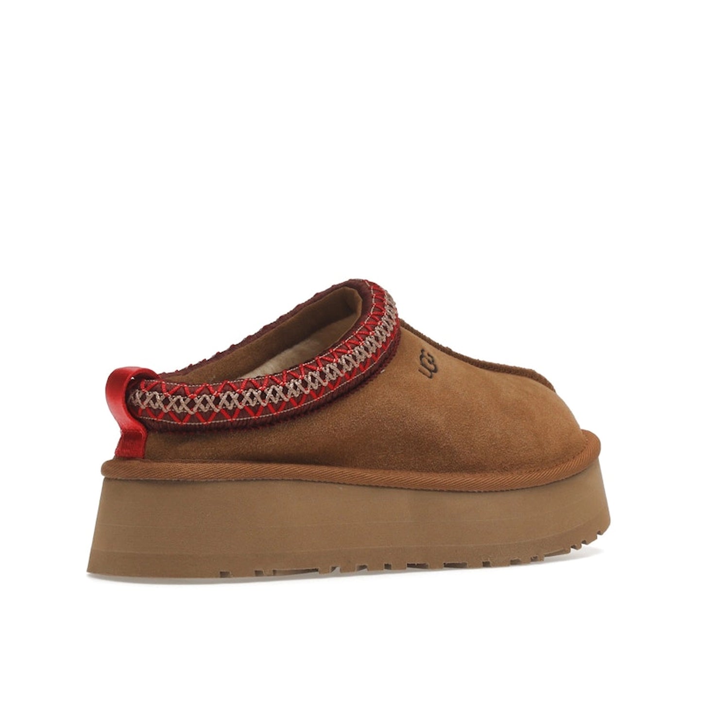 UGG Tazz Slipper Chestnut, back view, women's model 1122553-CHE in chestnut suede with signature thick wool lining and platform sole.